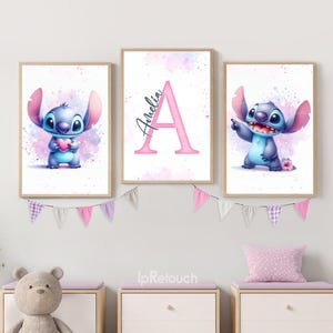 Personalized Stitch Wall Art for Girls Room - Custom Name Nursery Decor, Cute Set of 3 Prints, Stitch Bedroom Printable Wall Art for Kids