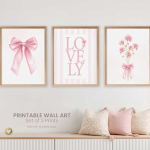 Juego de 3 cuadros decorativos con lazos coquetos, estampados florales rosas para dormitorio de adolescente, decoración femenina sobre la cama, descarga digital de ramo de flores