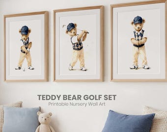 Sporting Nursery Decor – Teddy Bear Playing Golf – Printable Boy Room Poster – Instant Download Wall Print