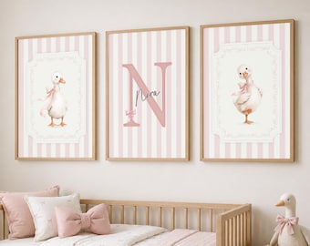 Custom Name Nursery Print, Silly Goose Sage Green Stripe Baby Initial, Personalized Goose Decor, Coquette Girl Room, Pink Bow Gift