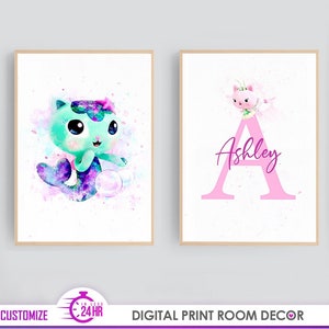 Mercat Gabby dollhouse decoration, poster room decor, Custom name digital print wall decor, Mercat Gabby digital print, personalized initial
