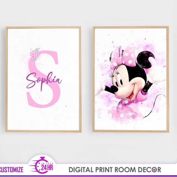 Decoración de la habitación del póster de Minnie mouse, impresión digital de nombre personalizado, decoración de Minnie mouse, impresión digital personalizada, decoración de la pared, arte de la pared de Minnie