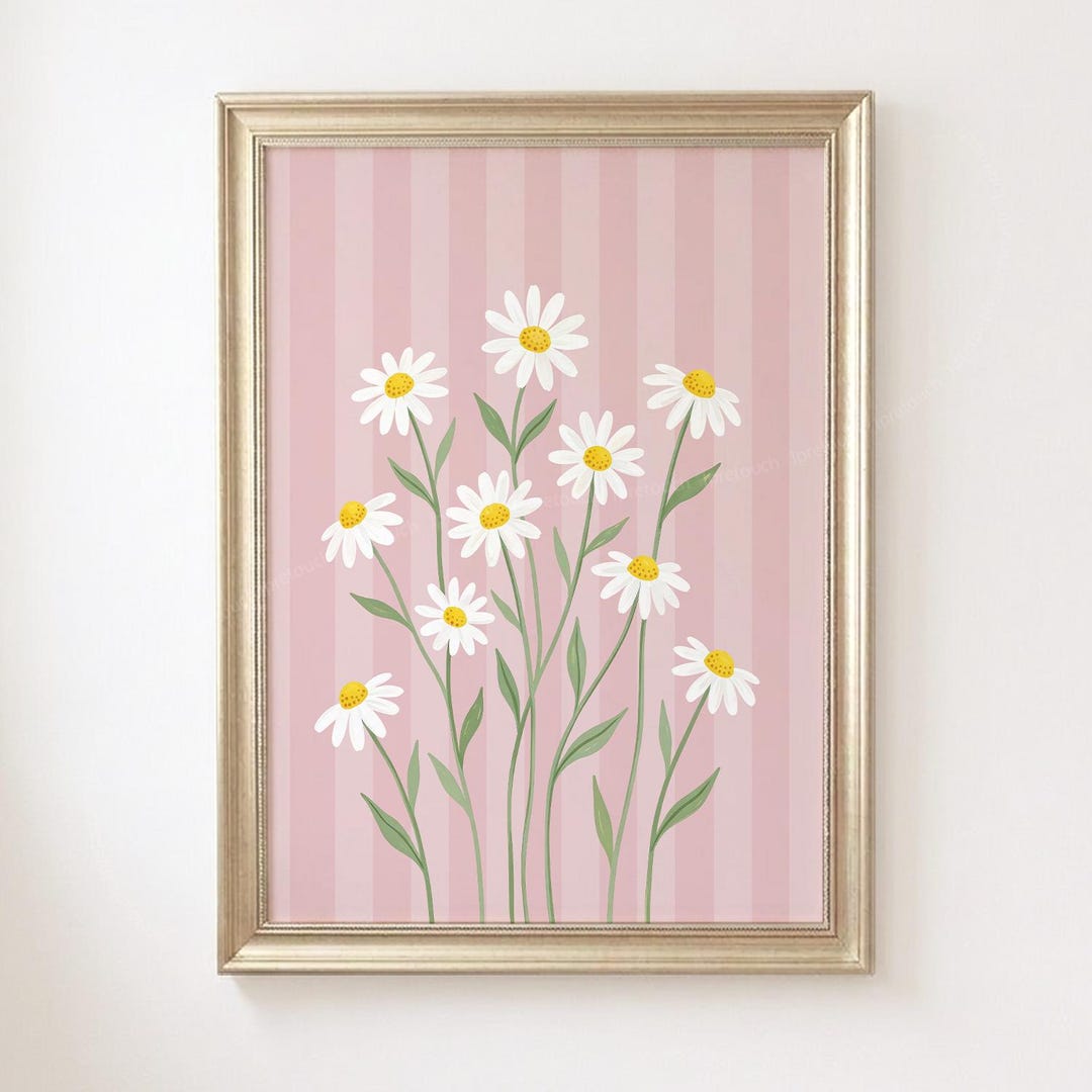 Daisy Pink Stripe Printable Wall Art, Boho Girls Room Decor, Floral ...