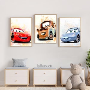 Cars Wall Art Set of 3, Lightning McQueen, Mater & Sally Carrera Posters, Digital Download for Boys Room, Cars Bedroom Decor, Nursery Prints