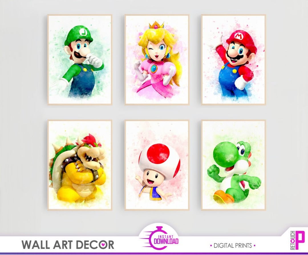 Super Mario Wall Art Bedroom Decor Set 6 Watercolor Art Prints