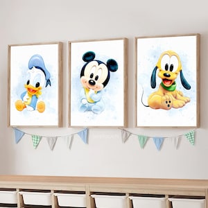 Baby Mickey Mouse wall art, Pluto Donald and Mickey Mouse poster, Mickey art print gift set of 3 digital download, mickey poster room decor