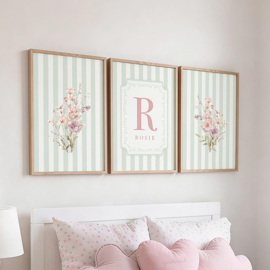 Personalized Girl Nursery Wall Art Set of 3, Blush Pink Sage Green ...