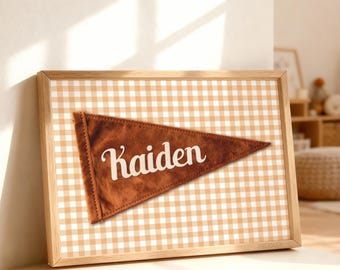 Personalized Pennant Name Print, Vintage Nursery Wall Art, Custom Baby Room Decor, Gingham Digital Download