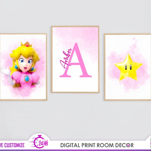 Princess peach custom name print wall art decoration, Poster art set of 3 prints, Personalized gift, Princess peach bedroom prints