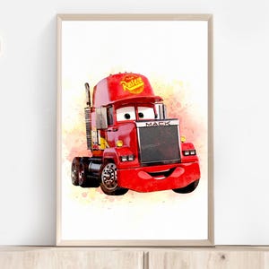 Cars Mack Wall Art Printable, Watercolor Lightning McQueen Digital Poster for Boys Room Decor, Instant Download Nursery Print