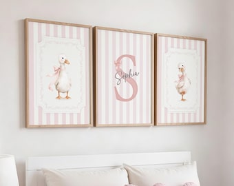 Custom Name Nursery Print, Silly Goose Sage Green Stripe Baby Initial, Personalized Goose Decor, Coquette Girl Room, Pink Bow Gift