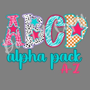 May include: A graphic design featuring the letters A, B, C, and D, each with a unique pattern and color. The letters are outlined in black and pink, with star accents. Below, the words "alpha pack" are in turquoise, and "A-Z" is in pink.