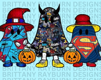 May include: Three cartoon ghosts dressed up for Halloween. One ghost is wearing a witch's hat and a blue and red Spiderman costume. Another ghost is wearing a black and red Batman costume. The third ghost is wearing a red and blue Superman costume. Each ghost is holding a jack-o'-lantern.