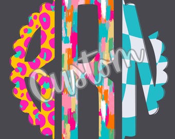 May include: A monogram design with the letters "BRN" in a circle. The letters are in different patterns: leopard print, abstract brushstrokes, and checkered. The circle has a scalloped edge.