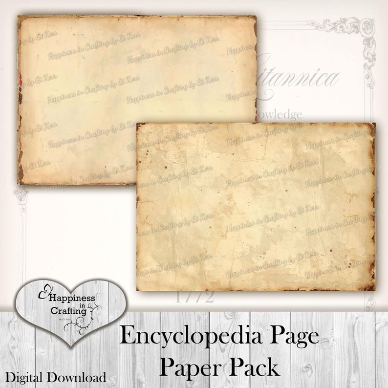 May include: Two aged paper sheets with a vintage aesthetic. The paper has a beige hue with brown edges and subtle stains, suggesting an antique appearance. The text "Encyclopedia Page Paper Pack" is displayed at the bottom, with "Digital Download" below it.