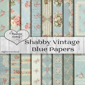 Può includere: Una collezione di carte digitali a tema vintage shabby. Le carte presentano uno sfondo azzurro chiaro con motivi floreali e pizzo rosa e bianco. Il testo "Shabby Vintage Blue Papers" è visualizzato.