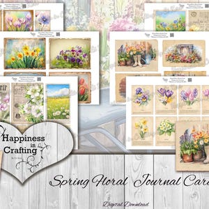 Tarjetas de diario con flores de primavera: descarga digital instantánea, imprimibles, kit digital para diarios basura, scrapbooking y manualidades.