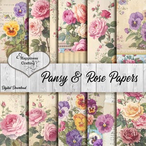 May include: A selection of digital papers with antique floral patterns. The papers display pansies and roses in shades of pink, purple, and yellow, set against a cream backdrop. The text "Pansy & Rose Papers" is clearly visible.