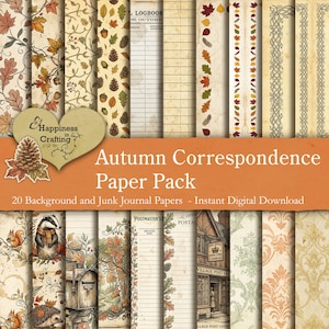 Op de afbeelding: Een collectie van 20 digitale papieren met herfstthema's, waaronder herfstbladeren, eikels, dennenappels, bosdieren, vintage postkantoorafbeeldingen, gelinieerde logboekpagina's en decoratieve randen in warme, gedempte aardetinten.