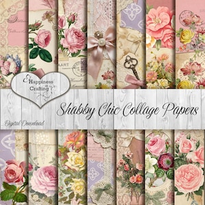 May include: A collection of Shabby Chic Collage Papers with floral and lace designs. The papers feature roses, ribbons, and vintage elements in soft pink, cream, and lavender hues. The words "Happiness in Crafting" and "Digital Download" are also visible.