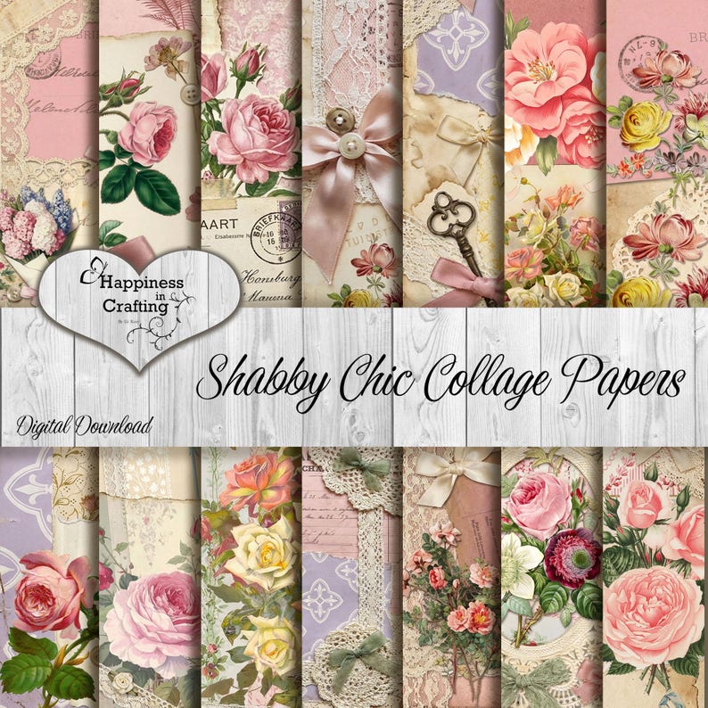 Puede incluir: Una colecci&oacute;n de papeles de collage Shabby Chic con dise&ntilde;os florales y de encaje. Los papeles presentan rosas, lazos y elementos vintage en tonos rosa p&aacute;lido, crema y lavanda. Las palabras "Happiness in Crafting" y "Digital Download" son visibles.
