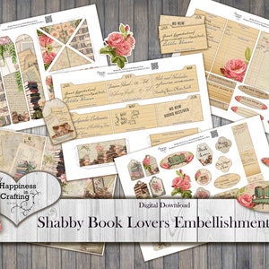 Shabby Book Lovers Embellishment Pack - Descarga digital instantánea, imprimible, kit digital para diarios basura, Scrapbooking, Gi Kerr
