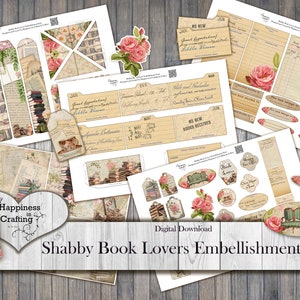 Shabby Book Lovers Embellishment Pack Instant Digital Download, Printable, Digital Kit for Junk Journals, Scrapbooking, Gi Kerr image 1