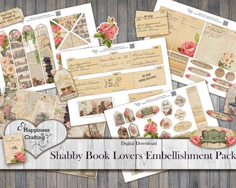 Shabby Book Lovers Embellishment Pack - Instant Digital Download, Printable, Digital Kit for Junk Journals, Scrapbooking, Gi Kerr