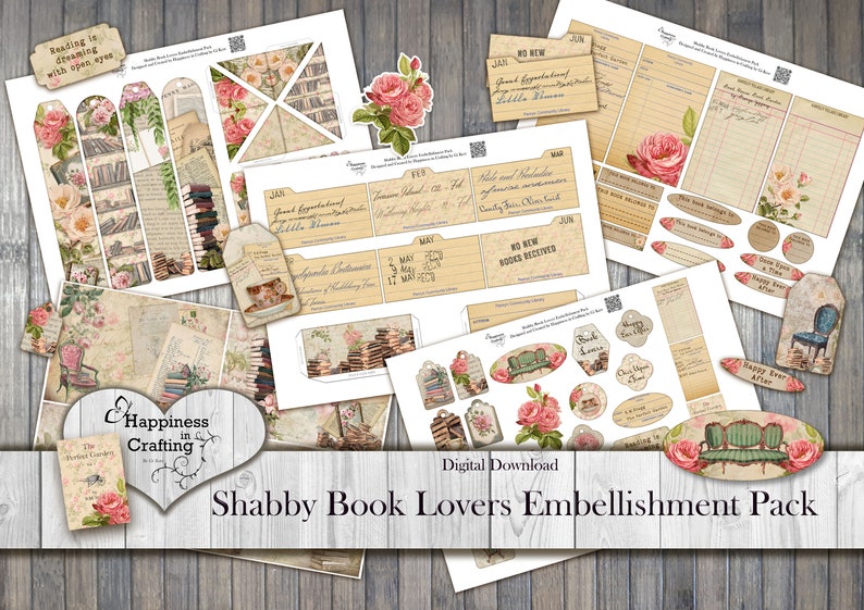 Shabby Book Lovers Embellishment Pack Instant Digital Download, Printable, Digital Kit for Junk Journals, Scrapbooking, Gi Kerr image 1