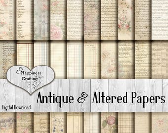 May include: A collection of antique and altered papers with floral and handwritten designs. The papers are in various shades of beige and cream, with some featuring ledger lines and floral accents. The text "Antique & Altered Papers" is displayed.