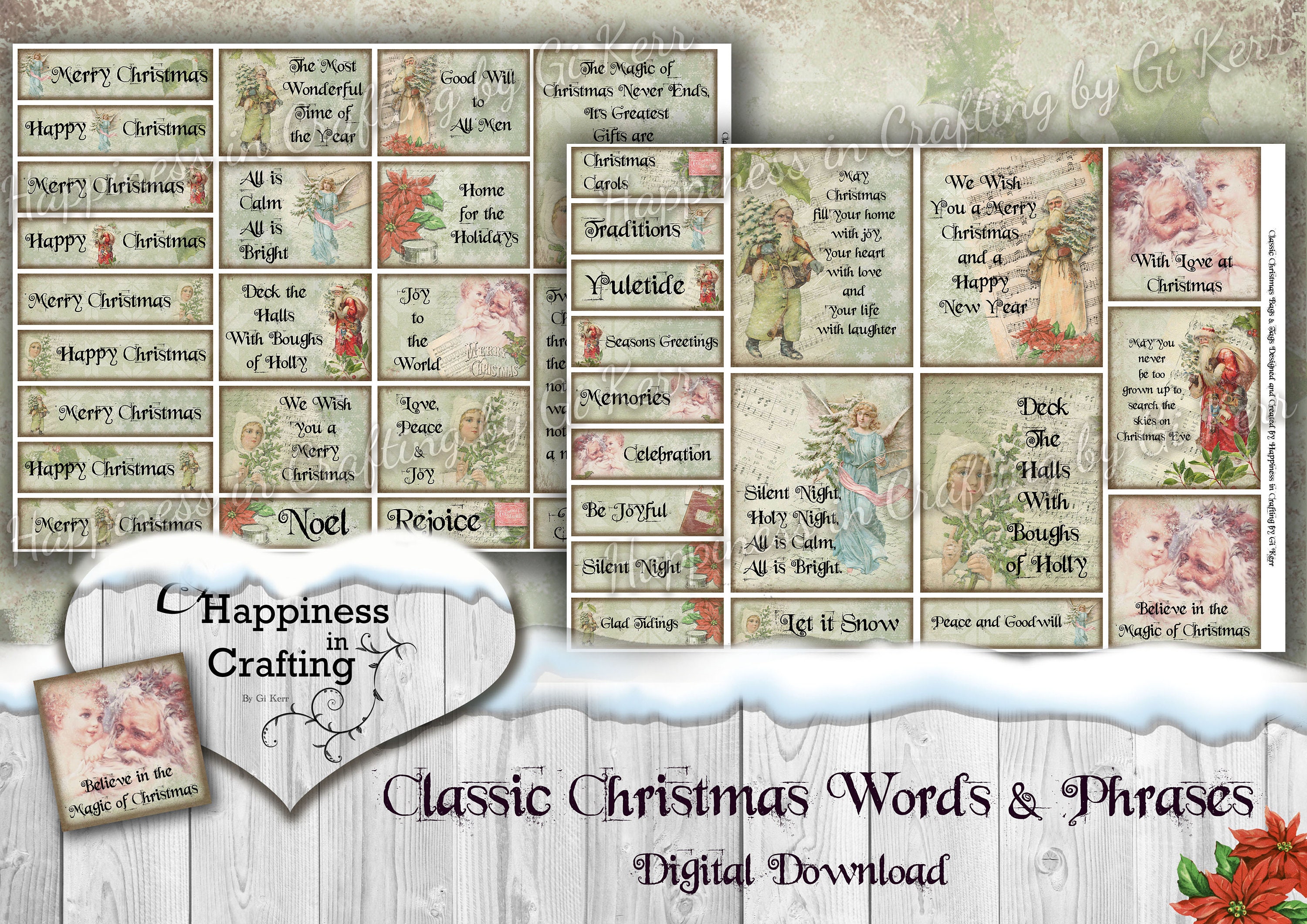 Classic Christmas Words & Phrases - 40 Pieces - Instant Digital Download for Card Making, Junk Journals, Scrapbooking