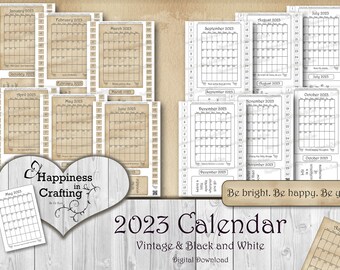 2023 Calendar - Vintage & Black and White - Instant Digital Download, Printable, Digital Kit for Junk Journals, Scrapbooking, Gi Kerr
