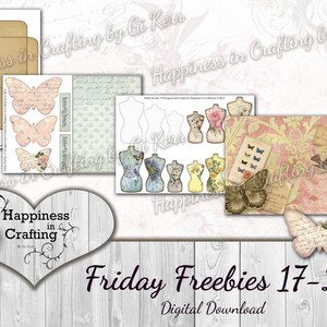 Puede incluir: Un paquete de descarga digital de suministros de artesanía imprimibles con una variedad de diseños de inspiración vintage. El paquete incluye un conjunto de recortes de mariposas, un conjunto de plantillas de maniquíes y un papel de fondo estampado. El texto "Friday Freebies 17-20" se muestra en la imagen.