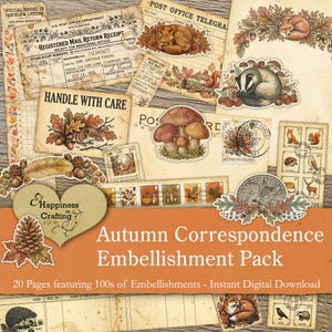 May include: A digital collection of autumn-themed paper ephemera featuring vintage-style mail receipts, postcards, and postage stamps. Illustrations include a sleeping fox, a badger, mushrooms, acorns, and a hedgehog, all with a warm, rustic aesthetic.
