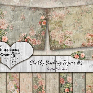 Könnte beinhalten: Ein Set mit 10 digitalen Papieren mit einem Shabby-Chic-Blumendesign mit rosa Rosen und einem verwitterten Holzhintergrund. Die Papiere sind perfekt für Scrapbooking, Kartenherstellung und andere Bastelprojekte. Der Text "Shabby Backing Papers #1" ist auf dem Bild zu sehen.
