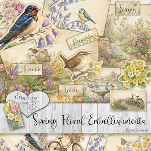 Adornos florales de primavera: descarga digital instantánea, imprimible, kit digital para álbumes de recortes, scrapbooking y manualidades.