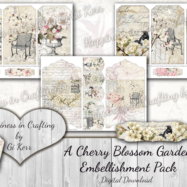 A Cherry Blossom Garden Embellishment Pack - Instant Digital Download, Printable, Digital Kit for Junk Journals, Scrapbooking