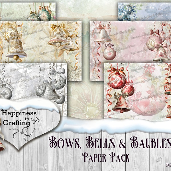 Bows, Bells & Baubles Paper Pack - Instant Digital Download, Printable, Digital Kit for Junk Journals, Scrapbooking. Gi Kerr