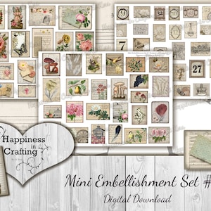 Mini Embellishment Set # 1 - Instant Digital Download, Printable, Digital Kit for Junk Journals, Scrapbooking, Happiness in Crafting