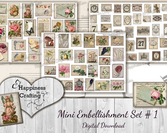 Mini Embellishment Set # 1 - Instant Digital Download, Printable, Digital Kit for Junk Journals, Scrapbooking, Happiness in Crafting