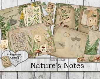 May include: A digital download of vintage-style nature illustrations, including mushrooms, insects, and plants. The title "Nature's Notes" is displayed in a decorative font. The images are perfect for scrapbooking, card making, and other crafting projects.