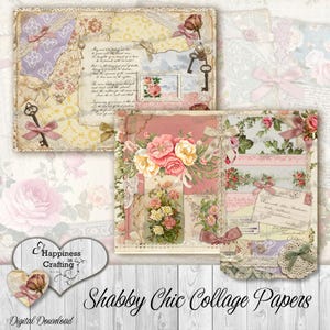 Puede incluir: Papeles de collage shabby chic con detalles florales y de encaje. Los papeles presentan una mezcla de tonos rosa, crema y lavanda, adornados con cintas, llaves y elementos de estilo vintage. El texto "Shabby Chic Collage Papers" es visible.