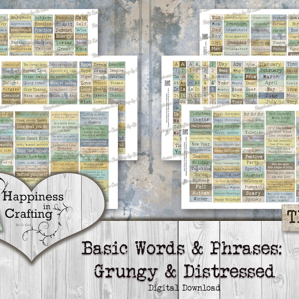 Basic Words & Phrases: Grungy and Distressed - 440 Words and Phrases Total 1096 Pieces in 2 sizes - Instant Digital Download, Printable,