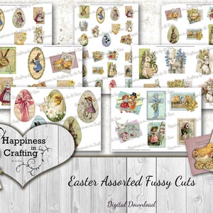 May include: A digital download of vintage Easter images, including bunnies, chicks, eggs, and crosses. The images are in a variety of colors and styles, and are perfect for crafting projects.