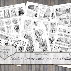 Black & White Ephemera and Embellishments - Ink Saver - Instant Digital Download, Printable, Digital Kit for Junk Journals, Gi Kerr