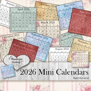以下が含まれることがあります： 2026年のミニカレンダーのコレクション。各カレンダーは異なる月を表示しています。カレンダーは様々な色で、花柄の背景が特徴です。「2026 Mini Calendars」と「Digital Download」の文字も表示されています。