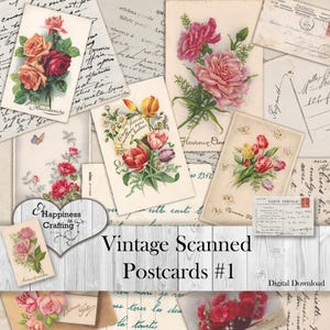 Könnte beinhalten: Eine Sammlung von Vintage-Postkarten mit floralen Illustrationen, darunter Rosen, Tulpen und Nelken. Einige Karten weisen handschriftliche Schriftzüge und den Text "Vintage Scanned Postcards #1" auf.