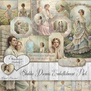 May include: A digital embellishment pack with a vintage, romantic theme. The image features various illustrations of couples, women in dresses, and floral elements. The color palette includes soft pastels, with text that reads "Shabby Dreams Embellishment Pack" and "Happiness in Crafting."