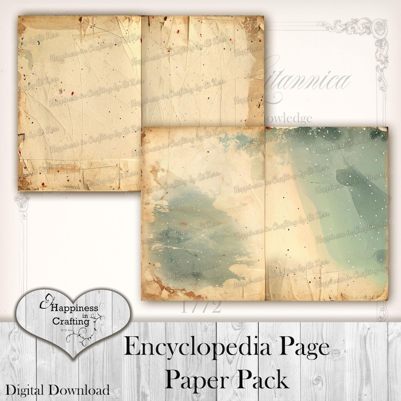 May include: A digital paper pack featuring aged encyclopedia pages. The pages have a vintage aesthetic with a cream color, distressed edges, and watercolor accents. The text "Encyclopedia Page Paper Pack" is displayed.