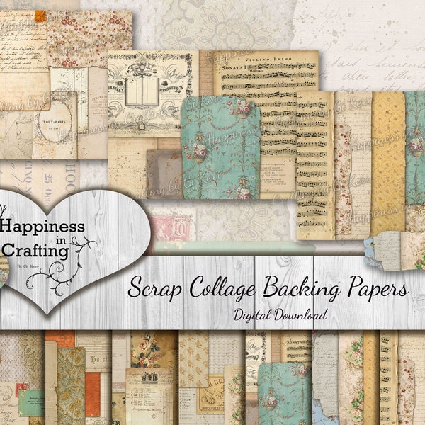 Scrap Collage Backing Papers - Instant Digital Download, Printable, Digital Kit for Junk Journals, Scrapbooking, Happiness in Crafting,